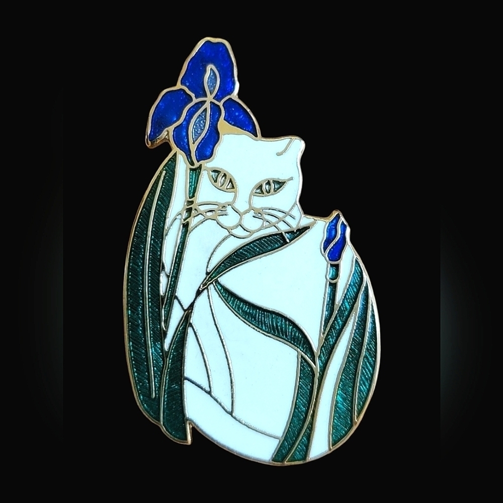 Vintage Fine Enamels By Crown Cloisonne Cat Iris Pin Brooch Kitty Floral